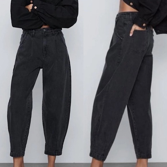 Zara Denim - Zara Washed Black High Waisted Cropped Mom Jeans